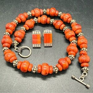 Red Coral Beaded Necklace and Jasper and Sterling Earring Set